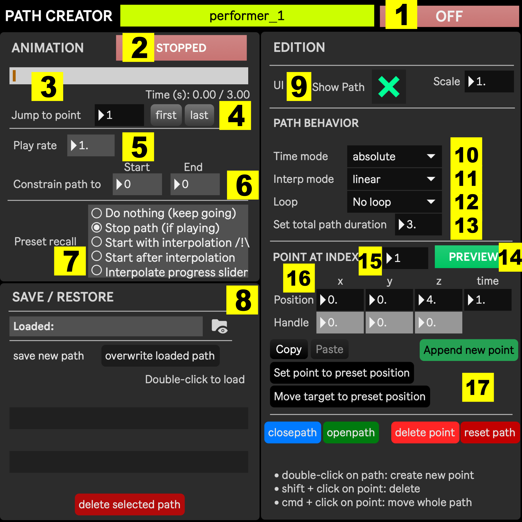 Path creator window, annotated